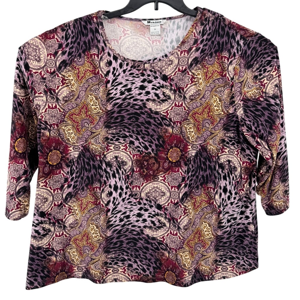 Nygard Collection Top Womens 3X Purple Animal Paisley Print 3/4 Sleeve